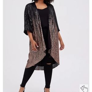 New Torrid Hi-Lo Ombre Kimono Cardigan Jacket Sequin Black & Gold 2X 3X 4X